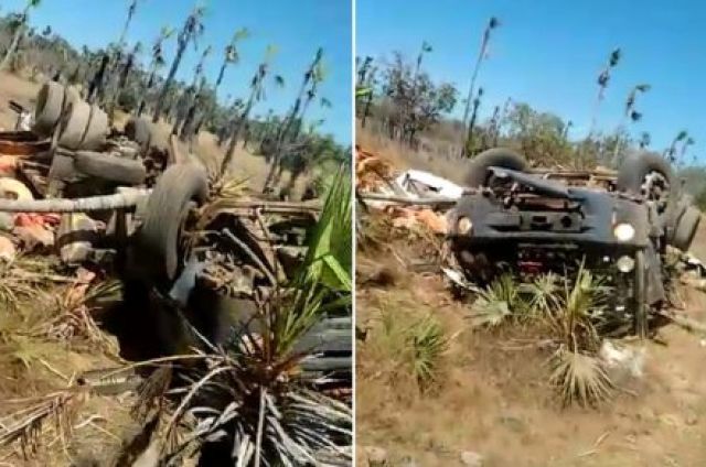 Caminh�o carregado de ra��o sobra na �curva dos canudos� e capota