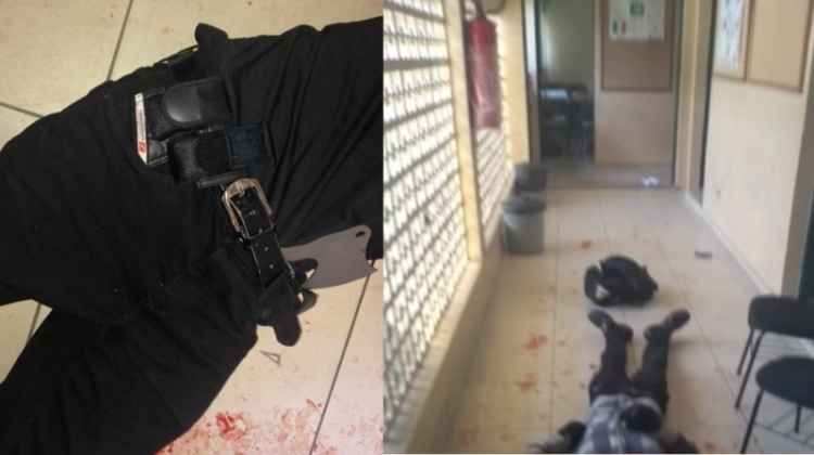 Corpos dos atiradores no interior da escola, que se mataram em seguida