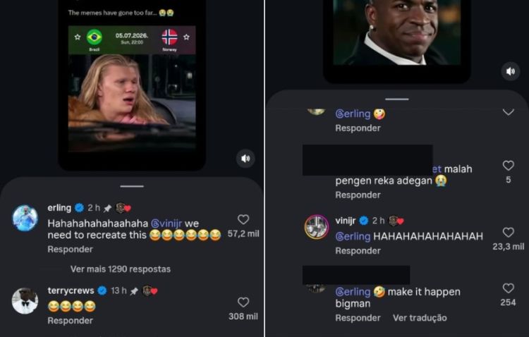 Haaland faz piada com meme envolvendo Vini Jr. — Foto: Reprodução