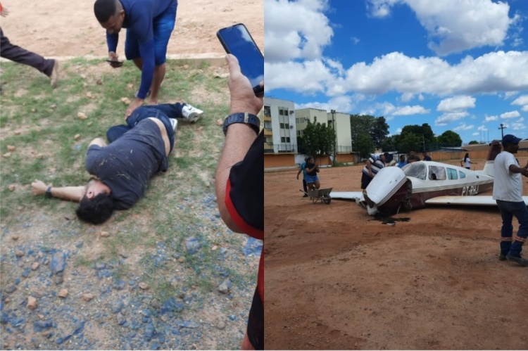 Avião de pequeno porte cai em campo de futebol na Zona Norte de Teresina; segundo acidente aéreo em 24 horas — Foto: Reprodução