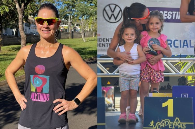 Luciana Grandi Lourenção comemora conquista em prova na companhia das filhas — Foto: Arquivo Pessoal Luciana Grandi Lourenção comemora conquista em prova na companhia das filhas — Foto: Arquivo Pessoal